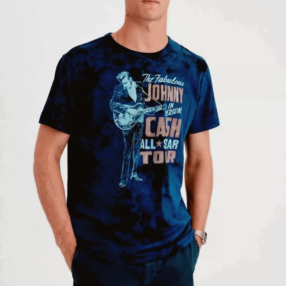 Johnny Cash Blue All Star Tour Country Rock N Roll Tie Dye T-Shirt Size Small